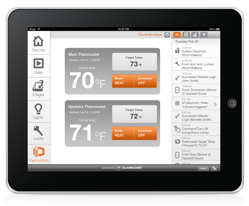 See an interact with your thermostat right from your tablet from Alarm Engineering, an Alarm.com dealer